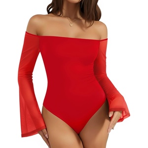 image:imageMANGOPOP Womens Off The Shoulder Double Lined Bodysuit Mesh Bell Sleeve Body Suits Sexy Going Out Fall Backless Tops 202503 Red