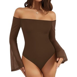 image:imageMANGOPOP Womens Off The Shoulder Double Lined Bodysuit Mesh Bell Sleeve Body Suits Sexy Going Out Fall Backless Tops 202504 Brown