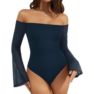 image:imageMANGOPOP Womens Off The Shoulder Double Lined Bodysuit Mesh Bell Sleeve Body Suits Sexy Going Out Fall Backless Tops 202505 Dark Blue