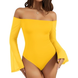 image:imageMANGOPOP Womens Off The Shoulder Double Lined Bodysuit Mesh Bell Sleeve Body Suits Sexy Going Out Fall Backless Tops 202506 Yellow