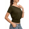 image:imageMANGOPOP Off The Shoulder Tops for Women Short Sleeve Asymmetrical Cinched Waist Casual Loose Going Out Trendy Y2k Tops 2026Army Green