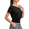 image:imageMANGOPOP Off The Shoulder Tops for Women Short Sleeve Asymmetrical Cinched Waist Casual Loose Going Out Trendy Y2k Tops 2026Black