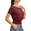 image:imageMANGOPOP Off The Shoulder Tops for Women Short Sleeve Asymmetrical Cinched Waist Casual Loose Going Out Trendy Y2k Tops 2026Burgundy