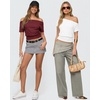 image:imageMANGOPOP Off The Shoulder Tops for Women Short Sleeve Asymmetrical Cinched Waist Casual Loose Going Out Trendy Y2k Tops 2026Burgundy