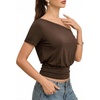 image:imageMANGOPOP Off The Shoulder Tops for Women Short Sleeve Asymmetrical Cinched Waist Casual Loose Going Out Trendy Y2k Tops 2026Coffee