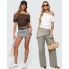 image:imageMANGOPOP Off The Shoulder Tops for Women Short Sleeve Asymmetrical Cinched Waist Casual Loose Going Out Trendy Y2k Tops 2026Coffee