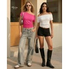 image:imageMANGOPOP Off The Shoulder Tops for Women Short Sleeve Asymmetrical Cinched Waist Casual Loose Going Out Trendy Y2k Tops 2026Rose Pink