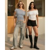 image:imageMANGOPOP Off The Shoulder Tops for Women Short Sleeve Asymmetrical Cinched Waist Casual Loose Going Out Trendy Y2k Tops 2026Shallow Flower Grey