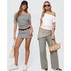image:imageMANGOPOP Off The Shoulder Tops for Women Short Sleeve Asymmetrical Cinched Waist Casual Loose Going Out Trendy Y2k Tops 2026Shallow Flower Grey