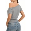 image:imageMANGOPOP Off The Shoulder Tops for Women Short Sleeve Asymmetrical Cinched Waist Casual Loose Going Out Trendy Y2k Tops 2026Shallow Flower Grey