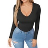 image:imageMANGOPOP Womens Long Sleeve Short Sleeve Bodysuit Sexy V Neck Body Suits Fitted Fall Going Out Tops03fleece Lined Black