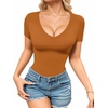 image:imageMANGOPOP Womens Long Sleeve Short Sleeve Bodysuit Sexy V Neck Body Suits Fitted Fall Going Out Tops04short Sleeve Camel
