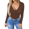 image:imageMANGOPOP Womens Long Sleeve Short Sleeve Bodysuit Sexy V Neck Body Suits Fitted Fall Going Out Tops05long Sleeve Coffee