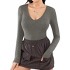 image:imageMANGOPOP Womens Long Sleeve Short Sleeve Bodysuit Sexy V Neck Body Suits Fitted Fall Going Out Tops05long Sleeve Dark Grey