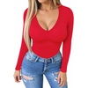 image:imageMANGOPOP Womens Long Sleeve Short Sleeve Bodysuit Sexy V Neck Body Suits Fitted Fall Going Out Tops05long Sleeve Red