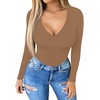 image:imageMANGOPOP Womens Long Sleeve Short Sleeve Bodysuit Sexy V Neck Body Suits Fitted Fall Going Out Tops05long Sleeve Tan