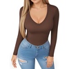image:imageMANGOPOP Womens Long Sleeve Short Sleeve Bodysuit Sexy V Neck Body Suits Fitted Fall Going Out Tops06fleece Lined Coffee