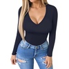 image:imageMANGOPOP Womens Long Sleeve Short Sleeve Bodysuit Sexy V Neck Body Suits Fitted Fall Going Out TopsLong Sleeve Navy Blue