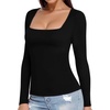 image:imageMANGOPOP Womens Square Neck T Shirts Long Sleeve Short Sleeve Tops Fitted TeesA03 Long Sleeve Black
