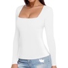image:imageMANGOPOP Womens Square Neck T Shirts Long Sleeve Short Sleeve Tops Fitted TeesA06 Long Sleeve White Fleece Lined