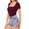 image:imageMANGOPOP Womens Square Neck T Shirts Long Sleeve Short Sleeve Tops Fitted TeesB03 Short Sleeve Burgundy