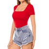 image:imageMANGOPOP Womens Square Neck T Shirts Long Sleeve Short Sleeve Tops Fitted TeesB04 Short Sleeve Red