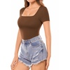 image:imageMANGOPOP Womens Square Neck T Shirts Long Sleeve Short Sleeve Tops Fitted TeesB11 Short Sleeve Brown