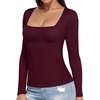 image:imageMANGOPOP Womens Square Neck T Shirts Long Sleeve Short Sleeve Tops Fitted TeesC01 Long Sleeve Burgundy