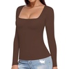 image:imageMANGOPOP Womens Square Neck T Shirts Long Sleeve Short Sleeve Tops Fitted TeesC04 Long Sleeve Coffee