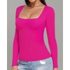 image:imageMANGOPOP Womens Square Neck T Shirts Long Sleeve Short Sleeve Tops Fitted TeesC06 Long Sleeve Rose Pink