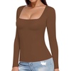 image:imageMANGOPOP Womens Square Neck T Shirts Long Sleeve Short Sleeve Tops Fitted TeesC10 Long Sleeve Brown