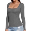 image:imageMANGOPOP Womens Square Neck T Shirts Long Sleeve Short Sleeve Tops Fitted TeesC12 Long Sleeve Dark Heather Grey