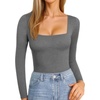 image:imageMANGOPOP Womens Square Neck T Shirts Long Sleeve Short Sleeve Tops Fitted TeesC12 Long Sleeve Dark Heather Grey