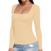 image:imageMANGOPOP Womens Square Neck T Shirts Long Sleeve Short Sleeve Tops Fitted TeesD05 Long Sleeve Nude Fleece Lined
