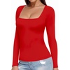 image:imageMANGOPOP Womens Square Neck T Shirts Long Sleeve Short Sleeve Tops Fitted TeesD07 Long Sleeve Red Fleece Lined