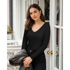 image:imageMANGOPOP Womens V Neck Long Sleeve Bodysuit Sweater Slim Fitted Body Suit Thermal Fleece Ribbed Knit Fall Tops 202501 Black