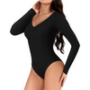 image:imageMANGOPOP Womens V Neck Long Sleeve Bodysuit Sweater Slim Fitted Body Suit Thermal Fleece Ribbed Knit Fall Tops 202501 Black