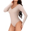 image:imageMANGOPOP Womens V Neck Long Sleeve Bodysuit Sweater Slim Fitted Body Suit Thermal Fleece Ribbed Knit Fall Tops 202502 Nude