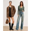 image:imageMANGOPOP Womens V Neck Long Sleeve Bodysuit Sweater Slim Fitted Body Suit Thermal Fleece Ribbed Knit Fall Tops 2025Army Green