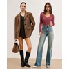 image:imageMANGOPOP Womens V Neck Long Sleeve Bodysuit Sweater Slim Fitted Body Suit Thermal Fleece Ribbed Knit Fall Tops 2025Burgundy