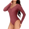 image:imageMANGOPOP Womens V Neck Long Sleeve Bodysuit Sweater Slim Fitted Body Suit Thermal Fleece Ribbed Knit Fall Tops 2025Burgundy