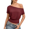 image:imageMANGOPOP Off The Shoulder Tops for Women Short Sleeve Asymmetrical Cinched Waist Casual Loose Going Out Trendy Y2k Tops 2026Burgundy