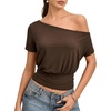 image:imageMANGOPOP Off The Shoulder Tops for Women Short Sleeve Asymmetrical Cinched Waist Casual Loose Going Out Trendy Y2k Tops 2026Coffee
