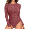 image:imageMANGOPOP Womens Long Sleeve Bodysuit Crew Neck Sweater Slim Fitted Body Suit Thermal Fleece Ribbed Knit Fall Tops 2025Burgundy