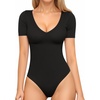 image:imageMANGOPOP Womens Long Sleeve Short Sleeve Bodysuit Sexy V Neck Body Suits Fitted Fall Going Out Tops01short Sleeve Black