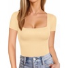 image:imageMANGOPOP Womens Square Neck T Shirts Long Sleeve Short Sleeve Tops Fitted TeesB17 Short Sleeve Nude
