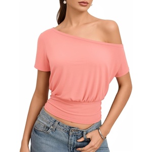 image:imageMANGOPOP Off The Shoulder Tops for Women Short Sleeve Asymmetrical Cinched Waist Casual Loose Going Out Trendy Y2k Tops 2026Dark Pink