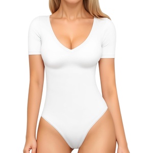 image:imageMANGOPOP Womens Long Sleeve Short Sleeve Bodysuit Sexy V Neck Body Suits Fitted Fall Going Out Tops01short Sleeve White