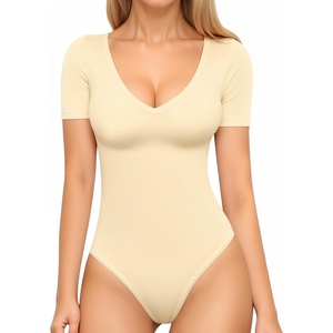 image:imageMANGOPOP Womens Long Sleeve Short Sleeve Bodysuit Sexy V Neck Body Suits Fitted Fall Going Out Tops04short Sleeve Beige
