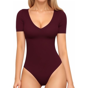 image:imageMANGOPOP Womens Long Sleeve Short Sleeve Bodysuit Sexy V Neck Body Suits Fitted Fall Going Out Tops04short Sleeve Burgundy